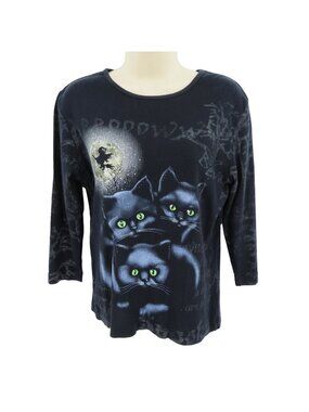 My Halloween Womens Small Rhinestone Black Cat Witch Spooky Shirt All Cotton